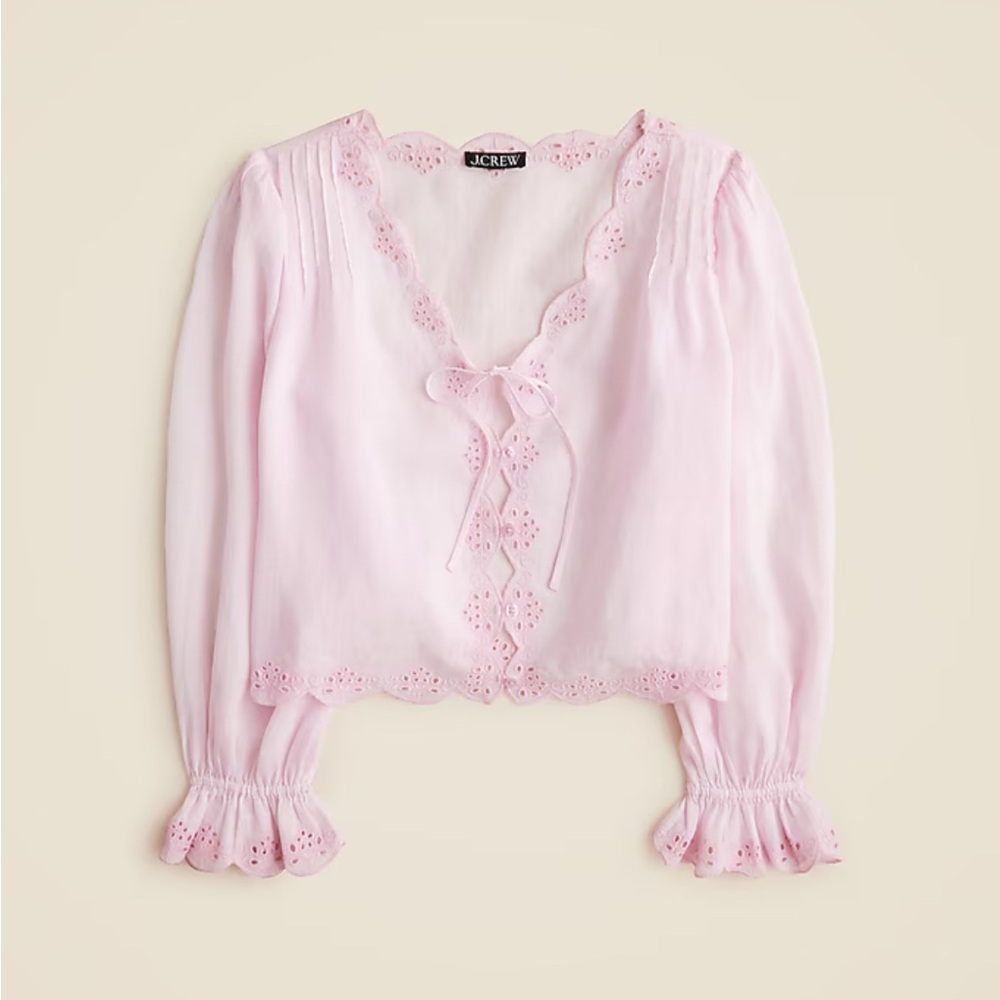 Scallop-trim tie-front top in ramie
